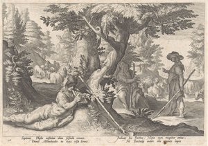 Mercury Transforms Battus into a Stone (Metamorphoses of Ovid) by Hendrick Goltzius (workshop of)