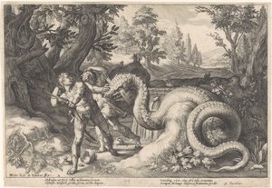 Companions of Cadmus Devoured by a Dragon Metamorphoses of Ovid by Hendrick Goltzius (workshop of)