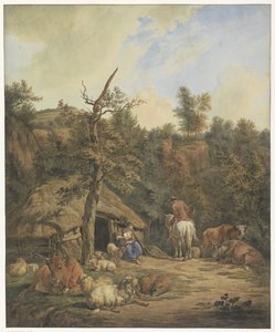Shepherd, Shepherdess, and Cattle Resting in Front of a Dilapidated Stable by Hendrik Abraham Klinkhamer