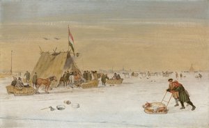 A Winter Landscape with Figures on the Ice by a Koek-en-Zopie Tent