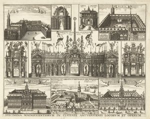Sheet with Ten Depictions of the Entry of Cardinal-Infant Ferdinand into Antwerp, 1635 (Specimina magnificentiorum in civitate Antverpiensi locorum et operum) (title on object) by Hendrik Causé