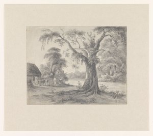 Landscape with a Tree and Hut with Horse and Wagon and Two Figures