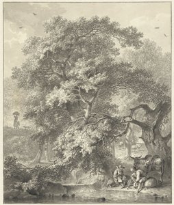 Forest Scene with Resting Shepherds by a Waterfall