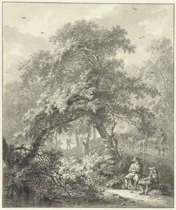 Forest scene with resting travelers under a tree