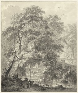 Forest Scene with Two Boys and a Dog Sitting by the Water