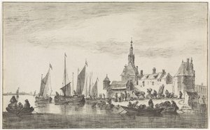 River View with Merchants on a Bank near Houses