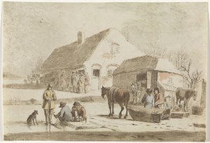 Skaters and a Sledge by a Farm by Hendrik Spilman
