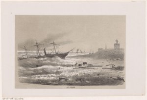 Ship in Trouble Near the Shore During the Storm of May 28, 1860 (series: Album of Ten Lithographed Sketches, Depicting Scenes of the Destruction Caused by the Storm of May 28, 1860 in The Hague Forest) by Hendrik Wilhelmus Last