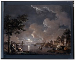 A River Landscape by Moonlight by Hendrik Willem Schweickhardt