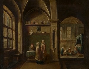 A Renaissance Interior with figures: The Birth of St John