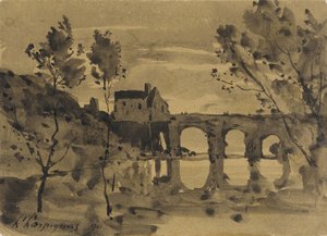River Landscape with Bridge and House by Henri-Joseph Harpignies