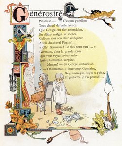 Letter G Generosity - Gendarme Crane Wasp Buckets Wallflower Gourd Frog - Engraving in "Alphabet of Good Examples" - Jules Levy, publisher - Illustrations by Henri Boulanger, alias Henri Gray (1858-1924). Texts (poems) by Mme P. Boulanger by Henri (1858 1924) Gray