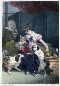 Young girl with dogs: "Everyone takes his pleasure where he finds him" - in "Les pastemps" by Henri Monnier, ed. Delpech, Paris by Henri Bonaventure Monnier
