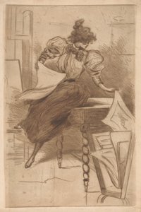 Woman looking at prints in a print stand by Henri Boutet (possibly)