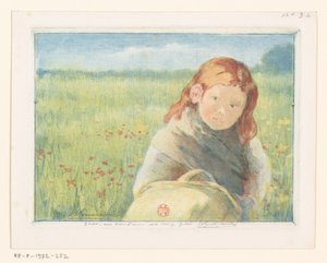Girl with Basket in a Flower Meadow by Henri Charles Guérard (signed by artist)