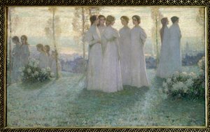 On Sunday, Woman Dressed in White Talking in a Garden by Henri Eugene Augustin Le Sidaner