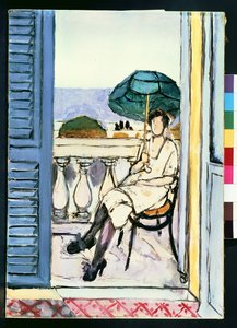 Woman with a Green Parasol on a Balcony