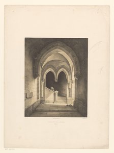 Interior of a monastery with two monks in the background by Henri de Boug d