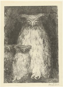 Owl with Two Owlets Sitting on a Branch by Henri de Groux