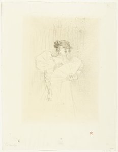 Portrait of actress Luce Myrès with fan