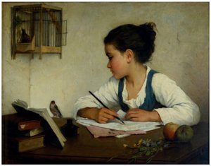 A Girl Writing; The Pet Goldfinch by Henriette Browne