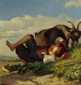 Shepherd boy with goats by Henrik August Helland