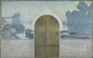 Sketch for the Marriage Hall of the Asnières Town Hall: Landscape. Barges on the Seine, with the Asnières Bridge, circa 1900