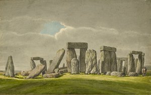 Stonehenge from the S.E, showing stones in ruined state with 2 visitors