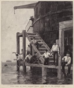 British soldiers fishing from one of the forts at Spithead, Hampshire by Henry Charles Seppings Wright