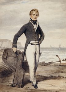 Portrait of Edward Pocock R.N., Standing Beside a Beached Rowing Boat at Low Tide by Henry Edridge