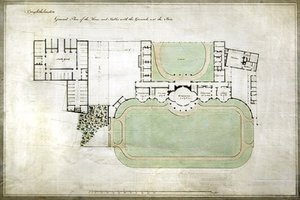 Brighthelmstone, or Brighton Pavilion - general plan of house and stables with grounds, showing extension by architect Henry Holland (1745-1806), c.1801 by Henry Holland