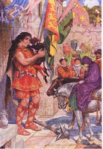 Flibbertibbet dressed as a devil pacifies the giant when Wayland brings Amy to Kenilworth Castle, illustration from Kenilworth