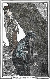 Representation of Merlin the Enchanter and Fee Viviane Illustration by Henry Justice (HJ) Ford (1860-1941) from “The book of romance” 1902 Private Collection by Henry Justice Ford
