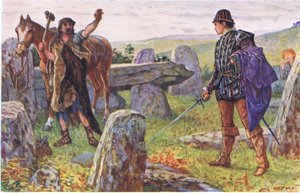 Tresilian confronts the mysterious farrier, illustration from Kenilworth by Henry Justice Ford