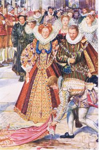 Walter Raleigh sacrifices his cloak for Queen Elizabeth, illustration from Kenilworth by Henry Justice Ford