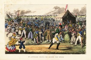 English gentlemen gambling on an unusual foot race during a horse-racing meet on the Champs de Mars, Paris