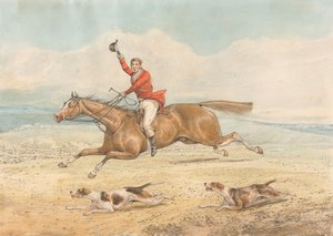 A Whipper-In and a Couple of Hounds Running Hard in Open Country by Henry Thomas Alken