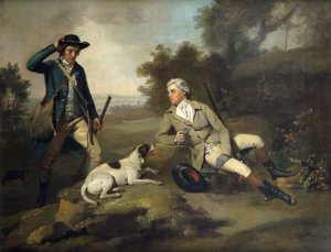 A Gentleman Reclining with a Gun and Dog and his Gamekeeper Standing Nearby