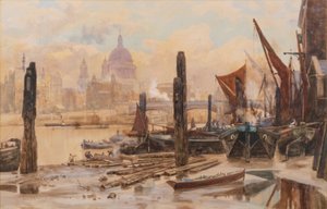 Moored Thames Barges; St Pauls and Blackfriars Bridge in the Distance by Herbert Menzies Marshall