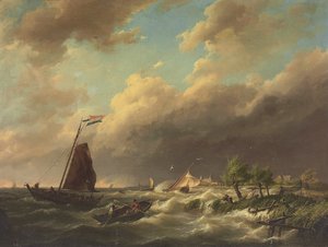 Stormy Coastal Scene with Town Beyond