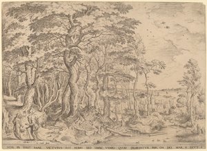Landscape with the Temptation of Christ by Hieronymus Cock after Pieter Bruegel the Elder
