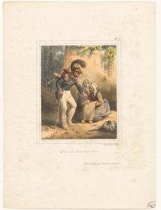 Soldier Giving Money to a Poor Woman (God Bless You, My Brave) (title on object) (Lithographic Album No. 9) (series title) by Hippolyte Bellange