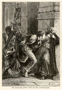He knocked down two of his adversaries, from Around the World in Eighty Days by Jules Verne by Hippolyte Leon Benett