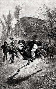 The young Service is riding on an ostrich. Engraving by Hippolyte Leon Benett