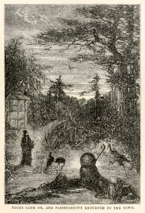 Night came on, and Passepartout returned to the town, from Around the World in Eighty Days by Jules Verne, engraved by Louis Prevost, 1873 by Hippolyte Leon after Benett