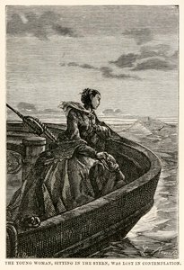The young woman, sitting in the stern, was lost in contemplation, from Around the World in Eighty Days by Jules Verne