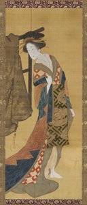 A Courtesan Standing Near a Clothes Rack by Hishikawa Sori