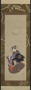 Beauty of the Yoshiwara with Apprentice in Moonlight, 19th century by Hokuba