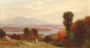 Cows and Sheep Grazing in an Autumn River Landscape
