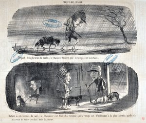 Charivari dates from 1853: Serie Sketches de Chasse Depart Five heures du matin, - le chasseur finds that the weather is uncertain Back to six o